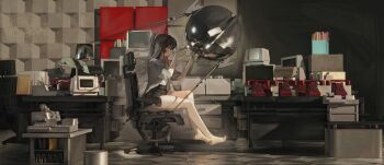 1girl absurdres barefoot black_hair chair computer grey_shirt highres lamp linkai phone ponytail red_eyes shirt sitting sputnik