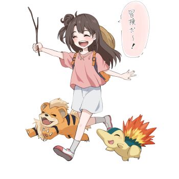 1girl backpack bag black_hair commentary_request cyndaquil gen_1_pokemon gen_2_pokemon growlithe happy hat highres holding holding_stick light_(lightpicture33) multicolored_shoes nintendo orange_bag original pink_shirt pokemon shirt shoes shorts socks speech_bubble stick straw_hat translation_request two-tone_shoes white_background white_shoes white_shorts white_socks