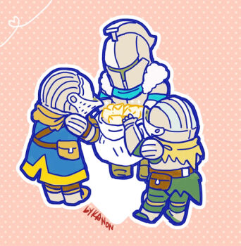 3others ambiguous_gender armor artist_name ashen_one_(dark_souls) bearer_of_the_curse belt belt_pouch blue_shirt blue_tunic brown_belt chibi chibi_only chosen_undead commentary dark_souls_(series) dark_souls_i dark_souls_ii dark_souls_iii full_body gauntlets green_pants green_shirt helm helmet kanon_(rsl) knight multiple_others other_focus pants pauldrons pink_background polka_dot polka_dot_background pouch shirt shoulder_armor standing tunic