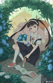 1girl absurdres backpack bag black_hair black_skirt blue_flower bouquet flower hachikuji_mayoi hairband highres hydrangea long_hair looking_at_viewer map monogatari_(series) pink_bag red_eyes red_ribbon red_shoes ribbon shirt shoes sitting skirt smile solo suspender_skirt suspenders tsuzuru_omoi twintails umbrella white_hairband white_shirt