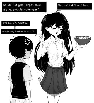 1boy 1girl anger_vein antenna_hair arms_at_sides artist_name bowl brother_and_sister collarbone collared_shirt english_text food greyscale highres holding holding_bowl index_finger_raised jayfonzil long_hair mari_(faraway)_(omori) mari_(omori) monochrome noodles omori open_mouth pleated_skirt shirt short_hair short_sleeves siblings simple_background skirt speech_bubble sunny_(omori) sweater_vest