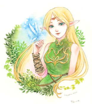 1girl 2020 bare_shoulders belt blonde_hair bracelet bush chapica circlet commentary_request dated deedlit elf fairy green_eyes green_tunic hand_up jewelry leaf lips long_hair looking_at_viewer painting_(medium) pointy_ears record_of_lodoss_war sparkle traditional_media tunic watercolor_(medium) white_background yellow_trim