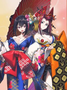 2girls absurdres alternate_costume artist_request bare_shoulders black_hair blue_eyes blue_kimono breasts cleavage code_geass code_geass:_genesic_re;code expressionless floral_print floral_print_kimono hair_between_eyes highres holding holding_umbrella japanese_clothes kimono kousaka_ayano kouzuki_kallen looking_at_viewer medium_breasts medium_hair multicolored_kimono multiple_girls official_art oil-paper_umbrella open_mouth print_kimono purple_eyes red_hair red_sash sash sidelocks smile teeth umbrella upper_teeth_only whoopin