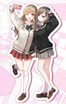 2girls ;d arm_up black_cardigan bow brown_bow brown_cardigan brown_eyes brown_hair brown_shoes cardigan cellphone chair closed_mouth collared_shirt commentary_request desk dress_shirt green_bow grey_skirt hair_ornament hairclip highres holding holding_hands holding_phone interlocked_fingers kneehighs loafers long_hair long_sleeves multiple_girls nail_polish nekozuki_yuki one_eye_closed open_mouth original outline phone pink_nails plaid_clothes plaid_skirt puffy_long_sleeves puffy_sleeves purple_eyes red_skirt school_chair school_desk school_uniform selfie shirt shoes signature skirt sleeves_past_wrists smile socks standing standing_on_one_leg v v-shaped_eyebrows very_long_hair watermark white_outline white_shirt white_socks yuri