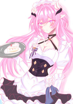 absurdres apron black_choker black_skirt blush breasts cake choker cleavage company_connection cosplay criss-cross_halter cyrene_(honkai:_star_rail) cyrene_(ripples_of_past_reverie)_(honkai:_star_rail) elysia_(honkai_impact) elysia_(honkai_impact)_(cosplay) elysia_(miss_pink)_(honkai_impact) elysia_(miss_pink_elf)_(honkai_impact) food halterneck highres holding holding_tray honkai:_star_rail honkai_(series) honkai_impact_3rd inoue_marina long_hair maid mihanada_no_a pink_hair pointy_ears puffy_short_sleeves puffy_sleeves purple_eyes short_sleeves skirt tray very_long_hair voice_actor_connection waist_apron white_apron yanning
