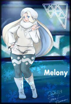 1girl 2020 artist_name blue_eyes breasts character_name dated dynamax_band earrings fur_collar fur_hat gloves hand_on_own_hip hand_up hat highres holding holding_poke_ball jewelry kogetan0220 large_breasts long_hair long_sleeves mature_female melony_(pokemon) multicolored_hair nintendo pantyhose pantyhose_under_shorts pearl_earrings plump poke_ball pokemon pokemon_swsh ring shorts side_slit side_slit_shorts single_glove smile solo streaked_hair sweater ultra_ball ushanka wedding_ring white_hat white_sweater