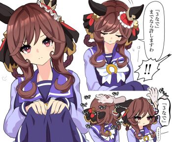 1girl animal_ears bow braid braided_hair_rings brown_hair closed_eyes closed_mouth disembodied_hand ear_covers gentildonna_(umamusume) hair_rings headpat horse_ears horse_girl long_hair nieto_tokage pantyhose purple_pantyhose purple_sailor_collar purple_shirt red_eyes sailor_collar school_uniform shirt sidelocks tracen_school_uniform translation_request umamusume white_bow