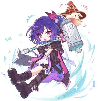 1girl :o ^^^ alice_(genshin_impact) arm_warmers asymmetrical_legwear black_arm_warmers black_boots black_cape black_capelet black_choker black_dress black_shorts black_socks black_thighhighs blush boots bow cape capelet choker commentary_request dodoco_(genshin_impact) dress energy genshin_impact gradient_ribbon hair_between_eyes hair_intakes hair_ornament hair_ribbon hairclip hammer hand_up hat highres holding holding_hammer kneehighs lace-up_boots medium_hair notice_lines open_mouth parted_bangs pink_bow pink_cape pink_ribbon prune_(genshin_impact) purple_eyes purple_hair purple_ribbon red_hat ribbon screw_hair_ornament short_shorts shorts side_ponytail simple_background single_kneehigh single_sock sleeveless sleeveless_dress socks solo sparkle sweatdrop thigh_boots thighhighs two-sided_cape two-sided_capelet two-sided_fabric v-shaped_eyebrows white_background white_dress witch_hat xeitlfrycz64403