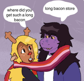 2girls antlers black_hair blonde_hair colored_sclera colored_skin deer_antlers deer_girl deltarune english_text female_focus furry furry_female jacket lesbian_flag long_bacon_store_(meme) long_hair multiple_girls noelle_holiday purple_skin scarf smile speech_bubble susie_(deltarune) utdr_(toby_fox) yellow_sclera yuri