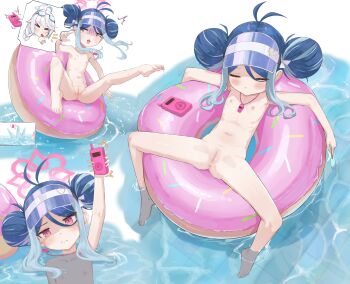 2girls ass barefoot blowing_whistle blue_archive blue_hair blush braid cameltoe censored closed_eyes completely_nude double_bun esearu flat_chest fubuki_(blue_archive) fubuki_(swimsuit)_(blue_archive) goggles goggles_on_head hair_between_eyes hair_bun halo highres holding holding_walkie-talkie innertube inset kirino_(blue_archive) kirino_(swimsuit)_(blue_archive) loli long_hair looking_at_viewer multicolored_hair multiple_girls multiple_views nipples nude partially_submerged pool purple_eyes pussy spread_legs swim_goggles swim_ring two-tone_hair visor_cap walkie-talkie whistle whistle_around_neck