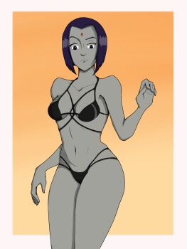 absurdres bikini cartoon_network colored_skin dc_comics disgust highres purple_eyes purple_hair raven_(dc) swimsuit teen_titans