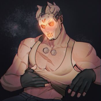 Rule 34 | 1boy, abs, black gloves, black pants, bloomful, bolt (hardware), clothes lift, collarbone, commentary, elbow rest, english commentary, fingerless gloves, gloves, glowing, glowing eyes, highres, hockey mask, male focus, mask, official alternate costume, orange eyes, overwatch, pants, pectorals, scar, scar on chest, scar on neck, scar on shoulder, shirt lift, short hair, slasher: 76, soldier: 76 (overwatch), solo, tank top, white hair, white tank top