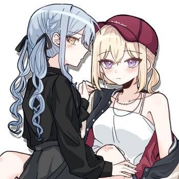 2girls at_09098 bang_dream! bang_dream!_it&#039;s_mygo!!!!! baseball_cap black_jacket black_shirt blonde_hair blue_hair camisole closed_mouth commentary_request crossed_bangs earrings hair_between_eyes hat highres jacket jewelry korean_commentary long_hair long_sleeves misumi_uika multiple_girls purple_eyes red_hat shirt sidelocks simple_background single_off_shoulder togawa_sakiko twintails white_background white_camisole yellow_eyes yuri