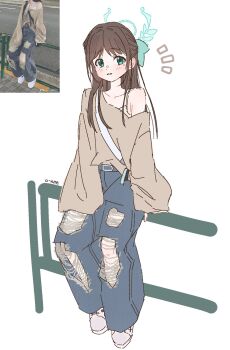 1girl airi_(blue_archive) alternate_costume aqua_bow aqua_eyes aqua_halo belt blue_archive blue_pants blush bow brown_hair brown_shirt commentary fence full_body hair_bow halo highres long_hair long_sleeves o_ame_9 pants pink_shoes reference_inset shirt shoes signature simple_background single_bare_shoulder sitting_on_fence solo tank_top torn_clothes torn_pants white_background