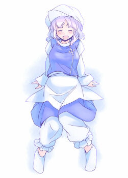 1girl :d apron blue_hair blue_skirt blue_vest blush closed_eyes commentary_request full_body hat letty_whiterock long_sleeves medium_hair one-hour_drawing_challenge open_mouth pants rangycrow shirt sitting skirt smile socks solo touhou trident_ornament vest white_apron white_background white_hat white_pants white_shirt white_socks