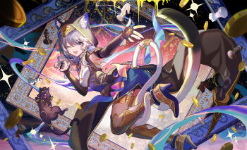Rule 34 | 1girl, absurdres, animal ear fluff, animal ears, bishop (chess), black cat, black gloves, blue eyes, boots, breasts, cat, cat ears, cat girl, cat tail, chess piece, cipher (honkai: star rail), coin, fingerless gloves, gloves, gold boots, gold coin, grey hair, high heel boots, high heels, highres, hitokoto, honkai: star rail, honkai (series), hood, king (chess), knight (chess), looking at viewer, medium hair, one eye closed, pawn (chess), queen (chess), rook (chess), second-party source, small breasts, smile, solo, tail, thigh boots