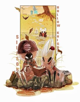 1other 2girls absurdres arthropod_boy arthropod_girl artist_name bag blank_eyes book border brown_hat character_request cloak coffee coffee_mug commentary copyright_name cup english_text film_grain flea_(hollow_knight) flower frilled_cloak full_body fur_hat halftone halftone_background hat highres hightguy holding holding_bag holding_book holding_cup hollow_eyes hollow_knight hollow_knight:_silksong horned_mask hornet_(hollow_knight) knight_(hollow_knight) lace_(hollow_knight) leaf looking_at_object mask mug multiple_girls no_mouth on_grass on_rock open_book orange_sky outdoors outline outside_border pink_scarf quirrel reading red_cloak red_flower red_rose red_scarf rose scarf shopping_bag siblings sign simple_background sitting sky standing steam stone_walkway symbol-only_commentary tree walking water white_border white_hat white_mask white_outline