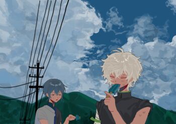 Rule 34 | 2boys, armband, black shirt, blue sky, closed eyes, cloud, cloudy sky, fon (0u0 fon), food, food in mouth, green armband, grey hair, hair between eyes, highres, holding, holding food, holding popsicle, koyanagi rou, koyanagi rou (1st costume), looking at another, male focus, melting popsicle, multiple boys, murakumo kagetsu, murakumo kagetsu (1st costume), nijisanji, popsicle, popsicle in mouth, power lines, shirt, short hair, sky, sweat, turtleneck, upper body, utility pole, virtual youtuber, white hair