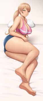 1girl :3 absurdres ass bare_shoulders barefoot blonde_hair blue_shorts blush breasts cleavage closed_mouth collarbone commentary denim denim_shorts earrings english_commentary full_body green_eyes gundam gundam_tekketsu_no_orphans heart heart-shaped_pupils heart_earrings highres jewelry lafter_frankland lafxia large_breasts long_hair looking_at_viewer lying midriff on_bed on_side paid_reward_available pillow pink_sports_bra shadow short_shorts shorts sidelocks smile solo sports_bra sweat symbol-shaped_pupils twintails variant_set