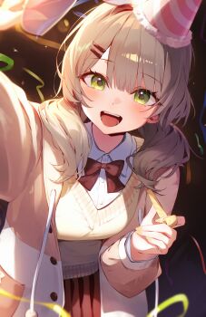 1girl :d absurdres birthday blush bow breasts brown_bow brown_hair collared_shirt commentary_request cowboy_shot dress_shirt green_eyes hair_ornament hairclip hat highres ivl0107 jacket korean_commentary looking_at_viewer medium_breasts medium_hair open_mouth parallel_hairclips party_hat party_horn pleated_skirt red_skirt shirt skirt smile solo standing streamers sweater viichan virtual_youtuber waktaverse white_shirt yellow_sweater