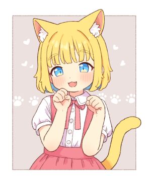 1girl :3 :d animal_ear_fluff animal_ears assistant_(onyhakase) blonde_hair blue_hair blunt_bangs cat_ears cat_girl cat_tail colored_inner_hair commentary_request dress fang kemonomimi_mode looking_at_viewer multicolored_hair neck_ribbon onyhakase open_mouth original paw_pose pinafore_dress pink_dress pink_ribbon ribbon rounded_collar shirt short_hair short_sleeves sleeveless sleeveless_dress smile solo tail two-tone_hair upper_body white_shirt