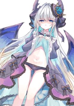1girl absurdres black_panties blue_eyes blue_flower blue_rose blue_tail blue_wings clothes_lift colored_inner_hair commentary_request crown disgust dragon_girl dragon_horns dragon_tail dragon_wings dress dress_lift dutch_angle flower frilled_dress frills from_below gluteal_fold gothic_lolita hair_intakes half-closed_eyes highres horns ice_blue_rose large_horns legs liber_(twinkle_star_knights) lolita_fashion long_hair multicolored_hair navel panties rose shaded_face simple_background solo stomach tail twinkle_star_knights underwear very_long_hair white_background white_hair wings