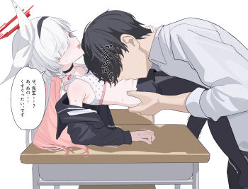 1boy 1girl arm_on_table armpit_crease black_choker black_hair black_hairband black_pantyhose black_serafuku blue_archive bow bra braid choker clothes_pull colored_inner_hair eyes_visible_through_hair grey_eyes hair_bow hairband halo hands_on_another's_hips highres iv_(iv70311741) kissing_stomach lifting_person loli long_hair multicolored_hair no_eyes pantyhose partially_undressed plana_(blue_archive) polka_dot polka_dot_bra red_halo school_uniform sensei_(blue_archive) serafuku single_braid skirt skirt_pull table three-quarter_sleeves underwear white_hair