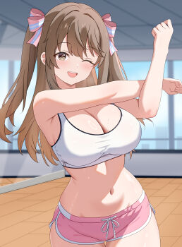 1girl absurdres annrichan arm_up armpit_crease bare_shoulders blush breasts brown_eyes brown_hair cleavage commentary_request crop_top dolphin_shorts exercising girls'_frontline girls'_frontline_2:_exilium hair_between_eyes hair_ribbon highres indoors k2_(girls'_frontline) large_breasts long_hair looking_at_mirror looking_at_viewer midriff mirror navel one_eye_closed open_mouth pink_ribbon pink_shorts ribbon shirt short_shorts shorts side_ponytail smile solo sports_bra standing stomach stretching sweat thighs tile_floor tiles white_shirt window yoohee_(girls'_frontline_2)