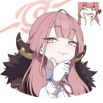 Rule 34 | 1girl, :3, absurdres, aru (blue archive), blue archive, brown horns, coat, coat on shoulders, demon horns, fur-trimmed coat, fur trim, gloves, halo, highres, horns, long hair, long sleeves, low horns, pink hair, pink halo, shirt, smile, vector (dmlddmld00), very long hair, white gloves, white shirt, yellow eyes