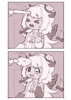 >_< 1girl amaryllis_gumi arm_warmers before_and_after brown_theme creature dark-skinned_female dark_skin demon_girl door door_handle feral_lemma flower hair_flower hair_ornament heterochromia highres hitting horizontal_pupils horns injury long_hair looking_at_viewer meme monochrome rose skirt smile thumbs_up vest virtual_youtuber waffle_handle_ad_(meme) wings yotsutsuji_mayoi