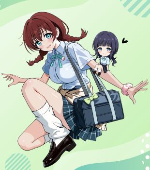 Rule 34 | 2girls, absurdres, asaka karin, bag, black shoes, blue eyes, blue hair, blue skirt, blush, braid, brown jacket, commentary request, emma verde, green background, green ribbon, highres, jacket, loafers, long hair, looking at viewer, loose socks, love live!, love live! nijigasaki high school idol club, mini person, multiple girls, nijigasaki school uniform, red hair, ribbon, school bag, school uniform, shirt, shoes, sitting, skirt, smile, socks, twin braids, white shirt, white socks, zaofeng