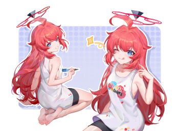 1girl :q absurdres ahoge arm_support bare_arms bare_legs bare_shoulders barefoot black_shorts blue_archive blue_background blue_eyes border bright_pupils chinese_commentary clothes_writing commentary_request cowboy_shot dongxu dot_nose double-parted_bangs eyes_visible_through_hair feet from_behind full_body grin hair_between_eyes halo hand_up highres holding holding_marker huge_ahoge light_blush long_hair long_shirt looking_at_viewer looking_back low-cut_armhole maki_(blue_archive) maki_(pajamas)_(blue_archive) marker multi-source_commentary multiple_views official_alternate_costume one_eye_closed outline outside_border paint_on_clothes polka_dot polka_dot_background red_hair red_halo rounded_corners seiza shirt short_shorts shorts sitting smile soles tank_top toes tongue tongue_out turning_head unkempt white_border white_outline white_pupils white_shirt wink_star