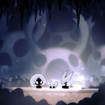 17hornet77987 1other 2girls black_eyes black_skin cave colored_skin highres hollow_eyes hollow_knight hollow_knight:_silksong hornet_(hollow_knight) horns knight_(hollow_knight) lace_(hollow_knight) looking_at_another mixed-sex_bathing multiple_girls shared_bathing water white_eyes white_mask