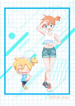 :d arm_up bare_arms blue_eyes blush chapi_sasa collarbone crossed_legs ditto eyelashes female_protagonist_(pokemon_pokopia) full_body gen_1_pokemon green_shorts grid_background hand_up knees midriff misty_(pokemon) navel nintendo one_side_up open_mouth orange_hair pokemon pokemon_lgpe pokemon_pokopia pokemon_rgby ponytail shirt shoes short_hair short_shorts shorts side_ponytail sleeveless sleeveless_shirt smile sneakers standing tank_top teeth tongue transformed_ditto twitter_username upper_teeth_only white_shirt