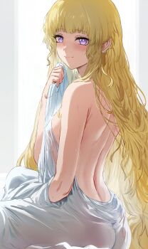 1girl absurdres ass back blonde_hair blush breasts closed_mouth from_behind hand_up hews highres holding large_breasts long_hair looking_at_viewer looking_back phoebe_(wuthering_waves) purple_eyes simple_background sitting smile solo sweat very_long_hair white_background wuthering_waves