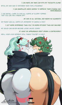 1boy 2girls absurdres anger_vein angry aqua_hair arguing ass ass-to-ass ass_focus ass_press black_dress colored_sclera competition crossover cyberpunk_(series) cyberpunk:_edgerunners doktor_malefic dress english_text eye_contact green_hair highres huge_ass long_hair looking_at_another multiple_girls no_panties no_pupils one-punch_man open_mouth orange_sclera penis presenting profanity rebecca_(cyberpunk) shiny_clothes shiny_skin short_hair short_shorts shorts small_penis take_your_pick tatsumaki trait_connection twintails wide_hips