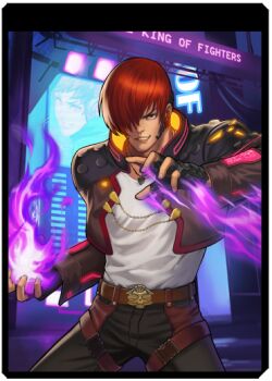 1boy fire iori_yagami male_focus male_hand purple_fire pyrokinesis the_king_of_fighters yagami_iori