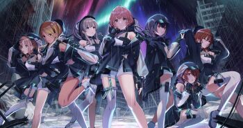 Rule 34 | 6+girls, aketa mikoto, black eyes, black gloves, black hair, blonde hair, brown eyes, brown hair, building, commentary request, fingerless gloves, gloves, gradient hair, grey hair, highres, hood, ichikawa hinana, idol clothes, idolmaster, idolmaster shiny colors, ikuta haruki, izumi mei, key visual, long sleeves, looking at viewer, morino rinze, multicolored hair, multiple girls, official art, osaki tenka, promotional art, purple eyes, rain, red eyes, resistance order neos (idolmaster), ruins, see-through clothes, see-through sleeves, short hair, shorts, single thighhigh, squatting, thigh strap, thighhighs, white shorts, yukoku kiriko