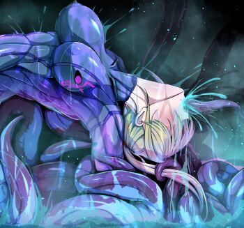 1girl absurdres arched_back blonde_hair blush bodysuit breasts commentary_request cum cum_in_mouth fellatio from_side head_back highres impossible_bodysuit impossible_clothes irrumatio large_breasts long_hair medium_breasts metroid mole mole_under_mouth nintendo oral paid_reward_available ponytail rape restrained samus_aran schopdehollyhotter skin_tight slime_(substance) solo tentacle_sex tentacles zero_suit