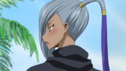 1girl animated anime_screenshot ass blush breasts choker cleft_of_venus code_geass dark-skinned_female dark_skin elbow_gloves female_focus female_pubic_hair gloves grey_hair grey_pubic_hair hand_on_own_hip high_heels long_hair lowres navel pubic_hair pussy s10collage solo standing thighhighs third-party_edit uncensored undressing video villetta_nu white_gloves yellow_eyes