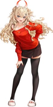 1girl bad_link black_skirt black_thighhighs blonde_hair full_body grey_eyes hand_on_own_hip hand_on_own_thigh horns hoshiakari_(c2_kikan) jewelry kantai_collection looking_at_viewer minneapolis_(kancolle) minneapolis_(setsubun)_(kancolle) necklace off-shoulder_sweater off_shoulder official_art red_sweater skirt slippers smile solo standing sweater thighhighs transparent_background two_side_up wavy_hair