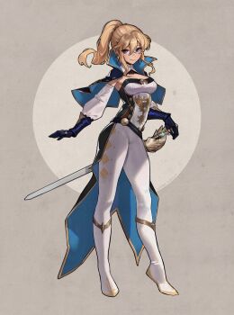 1girl absurdres artist_name blonde_hair blue_eyes breasts commentary cross cross_earrings daniel_deng detached_collar detached_sleeves earrings english_commentary full_body gauntlets genshin_impact hair_between_eyes highres jean_(genshin_impact) jewelry long_hair looking_at_viewer medium_breasts ponytail sheath sheathed solo standing sword watermark weapon