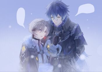 Rule 34 | 2boys, blank speech bubble, blue hair, cold, commentary, crossed bangs, earrings, flins (genshin impact), fur trim, genshin impact, gloves, hand on own chest, highres, illuga (genshin impact), jacket, jewelry, leaning forward, looking at another, male focus, mole, mole under eye, moririmuli, multiple boys, open clothes, open jacket, open mouth, single earring, speech bubble, symbol-only commentary, turtleneck, yellow eyes