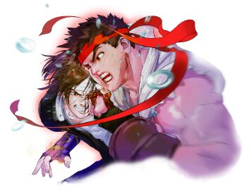 2boys bengus black_gloves brown_gloves brown_hair capcom_vs._snk clenched_teeth dougi fingerless_gloves gakuran game_cg gauntlets gloves headband highres kusanagi_kyou male_focus mma_gloves multiple_boys non-web_source official_art open_mouth punching red_headband ryu_(street_fighter) school_uniform shirt simple_background spiked_hair street_fighter sweat teeth the_king_of_fighters torn_clothes torn_sleeves white_background white_headband white_shirt