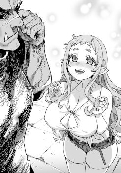 1boy 1girl armor asanagi bandaged_fingers bandages bash_(orc_eiyuu_monogatari) black_sclera blush breasts breasts_squeezed_together chainmail cleavage colored_sclera dwarf female_dwarf greyscale hetero highres long_hair monochrome non-web_source novel_illustration official_art orc orc_eiyuu_monogatari pointy_ears primera_(orc_eiyuu_monogatari) scar scar_on_face scar_on_nose short_shorts shorts teeth thighhighs tusks upper_teeth_only
