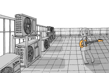 Rule 34 | 1girl, absurdres, barefoot, commentary, condenser unit, electric guitar, greyscale, guitar, highres, instrument, kaduise, looking at viewer, monochrome, no pants, original, oversized clothes, oversized shirt, railing, rooftop, shirt, short hair, solo, spot color, standing, t-shirt, wide shot