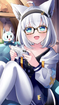 1girl 1other absurdres ahoge animal_ear_fluff animal_ear_piercing animal_ears aqua_eyes black_hairband black_shirt blush cellphone collarbone commentary_request fingernails fox_ears fox_girl glasses hair_between_eyes hair_ornament hairband highres holding holding_phone hololive jacket looking_at_viewer nail_polish open_mouth pantyhose phone pink_nails shirakami_fubuki shirt smartphone smile sukonbu_(shirakami_fubuki) tengmi white_hair white_jacket white_pantyhose