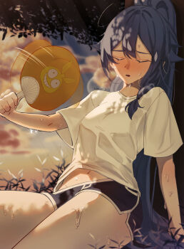 1girl blush closed_eyes commentary_request dolphin_shorts fu_hua ggo_nol_ja hand_fan high_ponytail highres holding holding_fan homu_(honkai_impact) honkai_(series) honkai_impact_3rd korean_commentary midriff_peek navel open_mouth ponytail shirt shorts sitting solo sweat thighs tree under_tree white_shirt