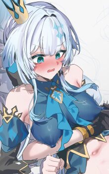 2girls alternate_breast_size_(larger) anzu0130 bare_shoulders black_gloves blue_eyes blue_hair blue_shirt blush breasts cerydra_(honkai:_star_rail) commentary_request covered_erect_nipples crown gloves grabbing_another&#039;s_breast grabbing_from_behind grey_hair groping highres honkai:_star_rail honkai_(series) large_breasts long_hair midriff multiple_girls navel nipple_stimulation nipple_tweak nipple_tweak_through_clothes shirt stelle_(honkai:_star_rail) trailblazer_(honkai:_star_rail) very_long_hair yuri