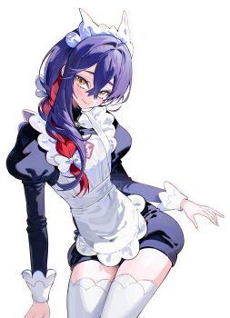1girl 5oh5s2 absurdres apron black_hair black_romper blush bow bowtie breasts carmine_(pokemon) closed_mouth colored_inner_hair cosplay crossed_bangs hair_between_eyes hair_over_shoulder highres lebanne_(pokemon) lebanne_(pokemon)_(cosplay) long_hair long_sleeves looking_at_viewer maid maid_apron maid_headdress mole mole_under_eye multicolored_hair nintendo pokemon pokemon_sv ponytail puffy_sleeves red_hair romper simple_background small_breasts smile thighhighs two-tone_hair white_apron white_background white_bow white_bowtie white_headdress white_thighhighs yellow_eyes